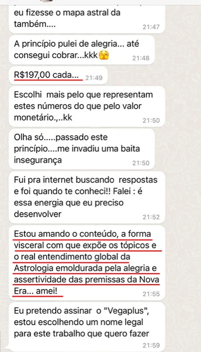 Conversa WhatsApp — resultado aluna Viver de Mapa Astral